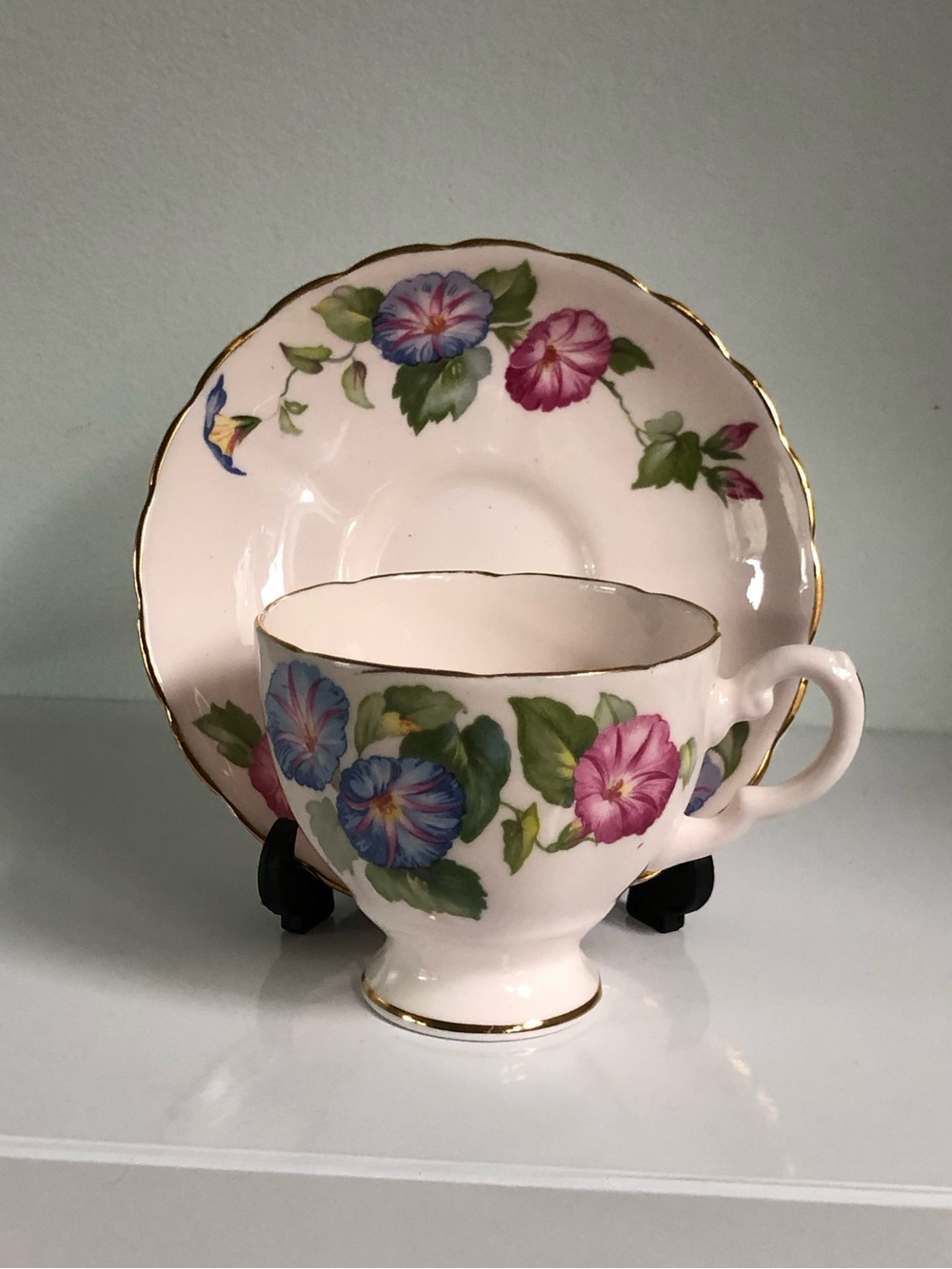 Rare Vintage Aynsley Bone China Morning Glories Flowers Tea Cup & Saucer Set